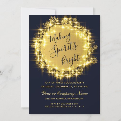 Gold Navy Sparkle Lights Christmas COCKTAIL Party Invitation