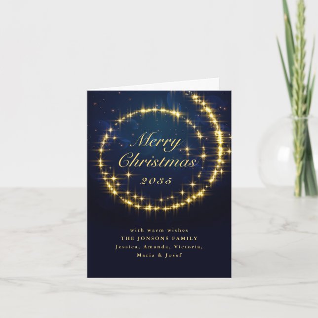 Gold Navy Sparkle Lights Christmas Holiday Card (Front)