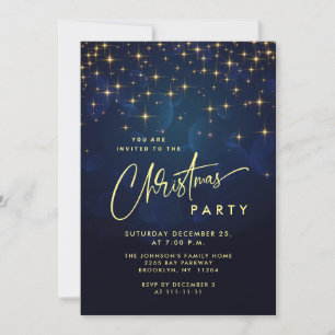 Gold Navy Sparkle Lights Christmas Holiday Party Invitation
