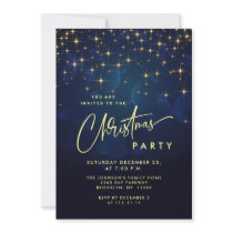 Gold Navy Sparkle Lights Christmas Holiday Party Invitation