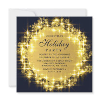 Gold Navy Sparkle Lights Christmas Holiday Party Invitation