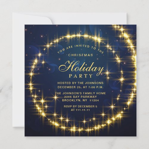 Gold Navy Sparkle Lights Christmas Holiday Party Invitation