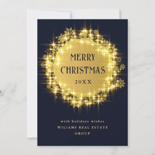 Gold Navy Sparkle Lights Corporate Christmas Holiday Card