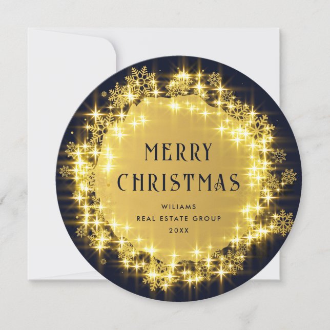 Gold Navy Sparkle Lights Corporate Christmas Holiday Card (Front)