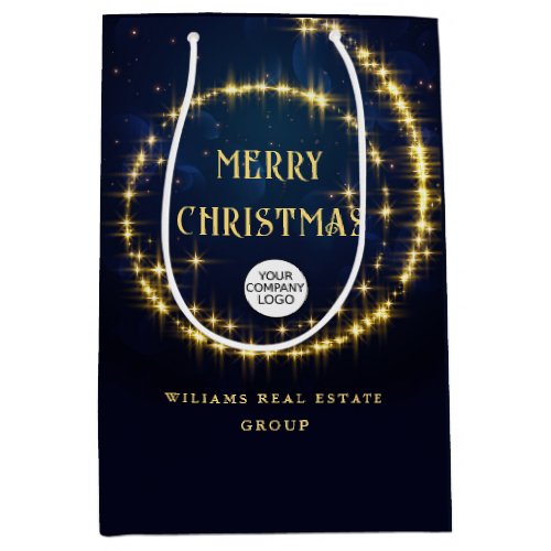 Gold Navy Sparkle Lights Corporate Christmas Medium Gift Bag