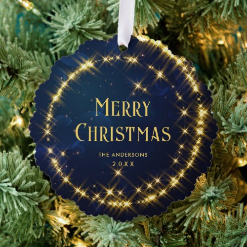 Gold Navy Sparkle Lights Holiday Christmas Ornament Card