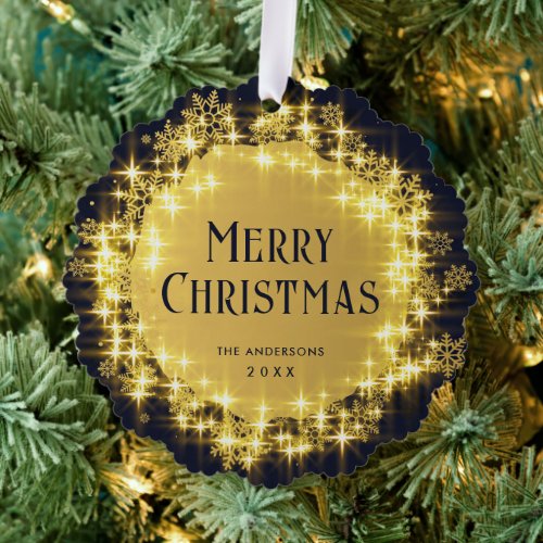 Gold Navy Sparkle Lights Holiday Christmas Ornament Card