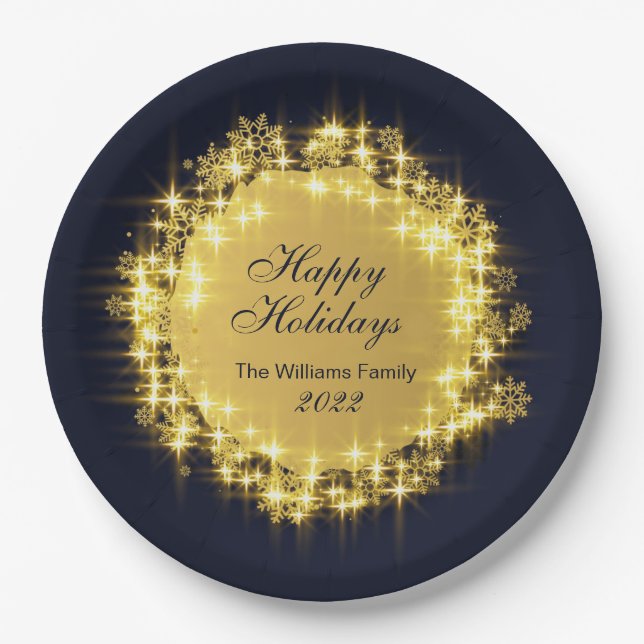 Gold Navy Sparkle Lights Holiday Christmas Party Paper Plates (Front)