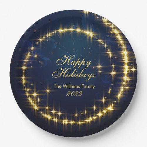 Gold Navy Sparkle Lights Holiday Christmas Party Paper Plates