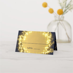 Gold Navy Sparkle Lights Holiday Christmas Party Place Card