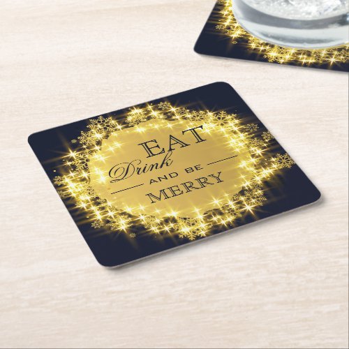 Gold Navy Sparkle Lights Merry Christmas Holiday Square Paper Coaster