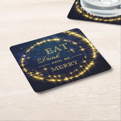 Gold Navy Sparkle Lights Merry Christmas Holiday Square Paper Coaster