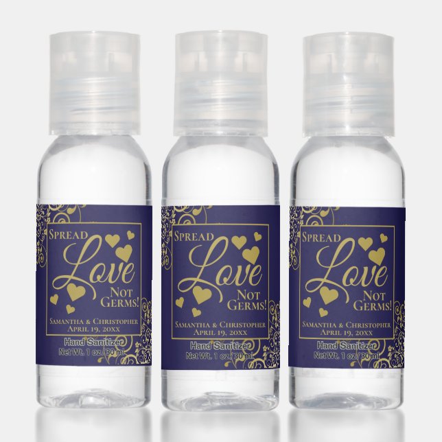 Gold & Navy Spread Love Not Germs Wedding Favor Hand Sanitizer (Set)