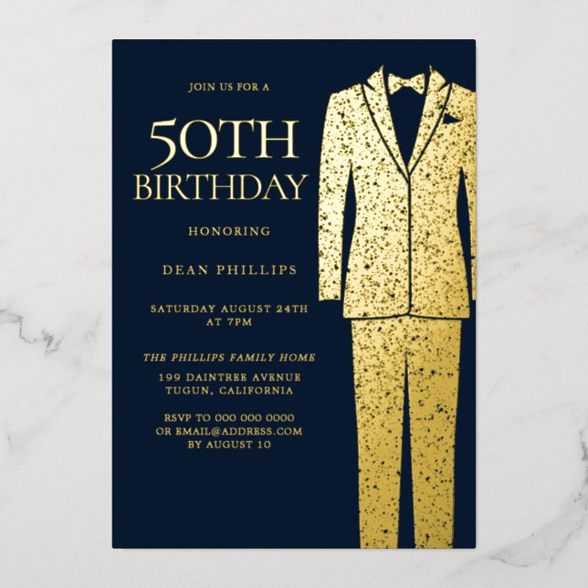 Gold & Navy Suit & Tie 50th Birthday Party  Foil Invitation (Front)