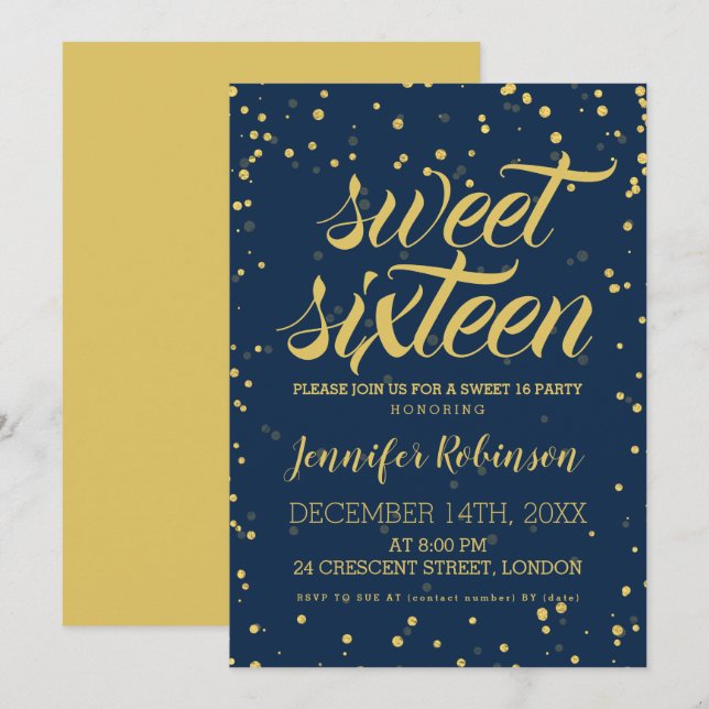 Gold Navy Sweet 16 Glitter Sparkle Confetti Invitation (Front/Back)