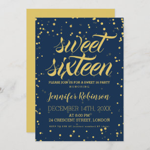Gold Navy Sweet 16 Glitter Sparkle Confetti Invitation