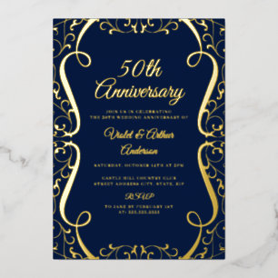 Gold Navy Swirl 50th Wedding Anniversary Foil Invitation