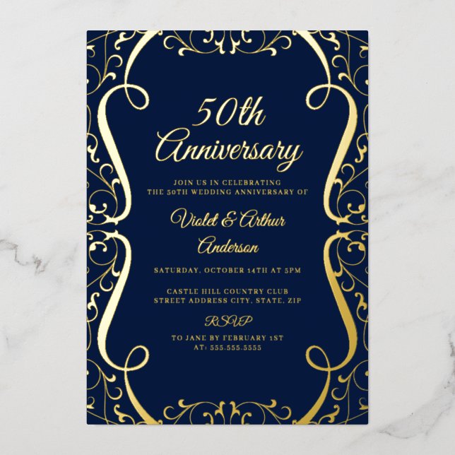 Gold Navy Swirl 50th Wedding Anniversary Foil Invitation (Front)