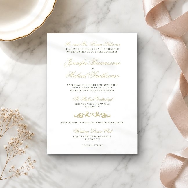 Gold Navy Texts Simple Signature Wedding Invitation