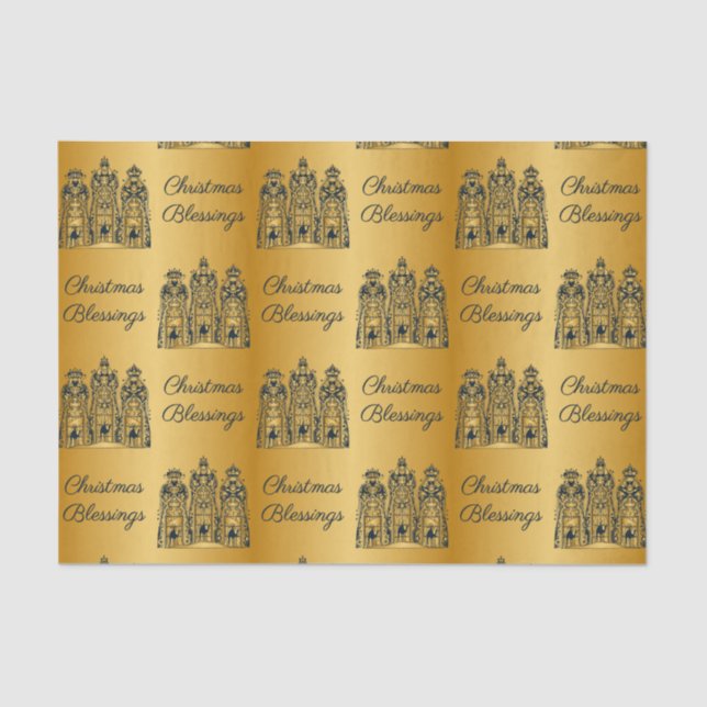 Gold & Navy Three Wise Men Christmas Blessings Tissue Paper (Front)