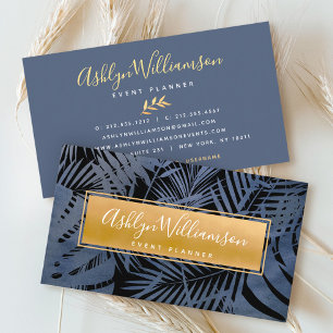Gold navy tropical palm elegant script typography business card
