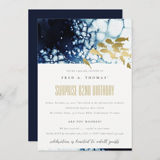 Gold Navy Underwater Fish Any Age Birthday Invite (Front/Back)