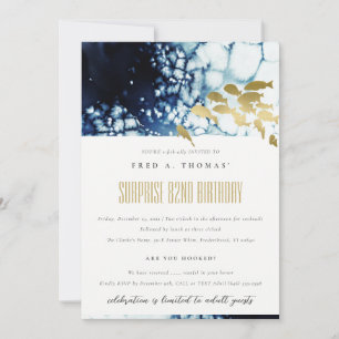 Gold Navy Underwater Fish Any Age Birthday Invite