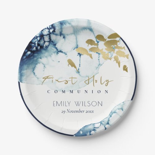 GOLD NAVY UNDERWATER FISH FIRST HOLY COMMUNION PAPER PLATES