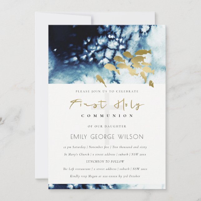 GOLD NAVY UNDERWATER FISH HOLY COMMUNION INVITE (Front)