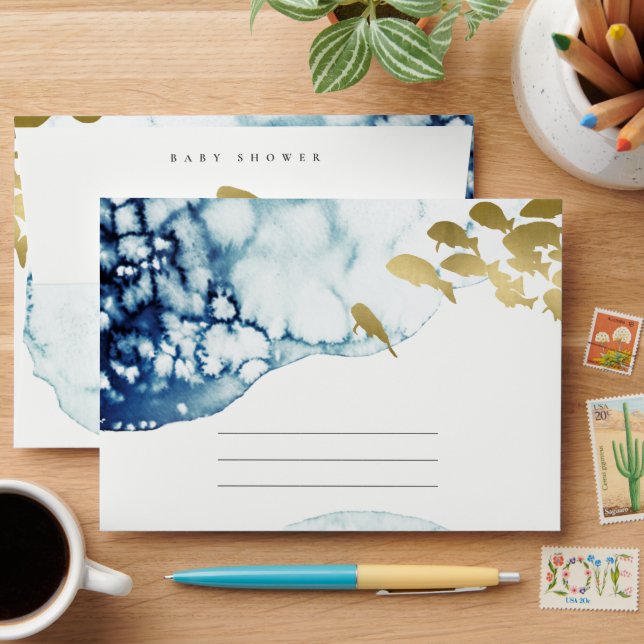 GOLD NAVY UNDERWATER SEA FISH ADVICE BABY SHOWER ENVELOPE (Desk)