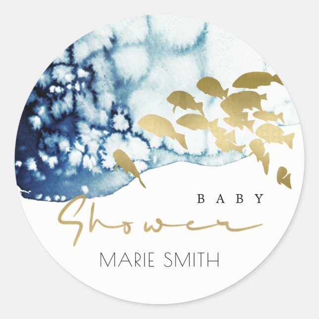 GOLD NAVY UNDERWATER SEA FISH BABY SHOWER CLASSIC ROUND STICKER (Front)