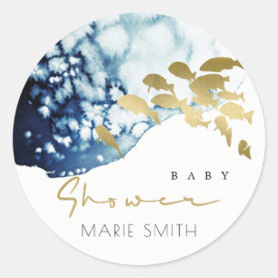 GOLD NAVY UNDERWATER SEA FISH BABY SHOWER CLASSIC ROUND STICKER