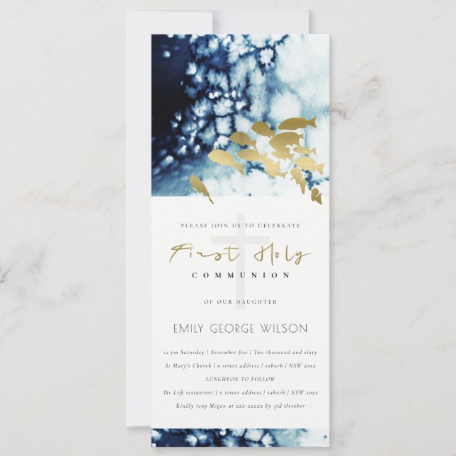 GOLD NAVY UNDERWATER SEA FISH FIRST HOLY COMMUNION INVITATION (Front)