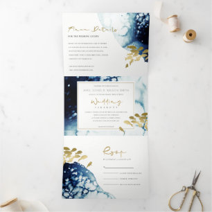 GOLD NAVY UNDERWATER SEA FISH WATERCOLOR WEDDING Tri-Fold INVITATION