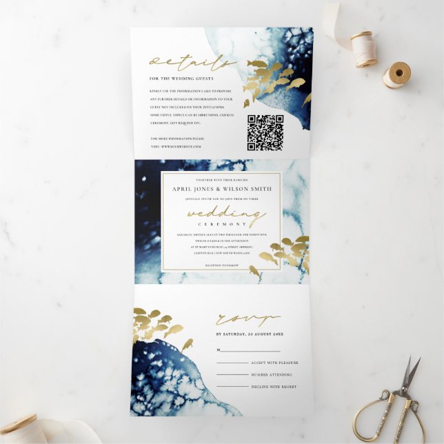 Gold Navy Underwater Sea Fish Wedding QR Code Tri-Fold Invitation (Inside)