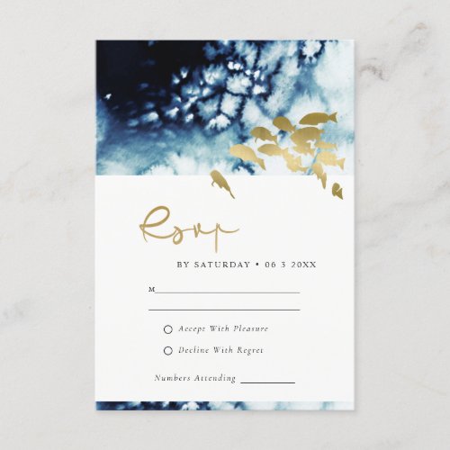 GOLD NAVY UNDERWATER SEA FISH WEDDING RSVP  ENCLOS ENCLOSURE CARD