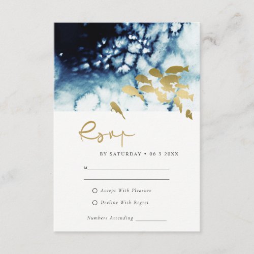 GOLD NAVY UNDERWATER SEA FISH WEDDING RSVP  ENCLOS ENCLOSURE CARD