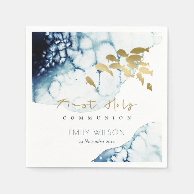 GOLD NAVY UNDERWATER SEA FISHFIRST HOLY COMMUNION  NAPKINS (Front)