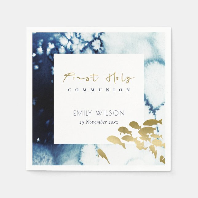 GOLD NAVY UNDERWATER SEA FISHFIRST HOLY COMMUNION  NAPKINS (Front)