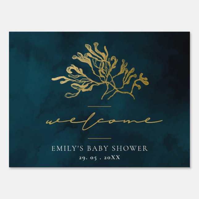 GOLD NAVY UNDERWATER SEAWEED BABY SHOWER WELCOME SIGN (Front)