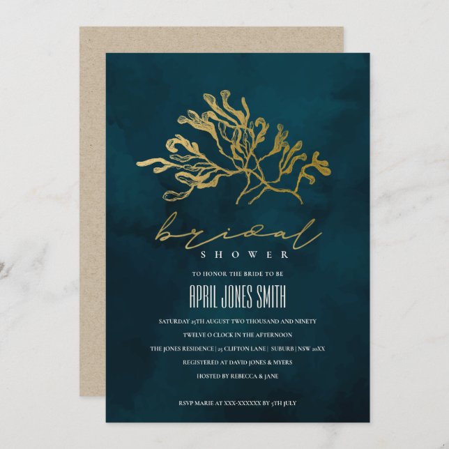 GOLD NAVY UNDERWATER SEAWEED BRIDAL SHOWER INVITE (Front/Back)