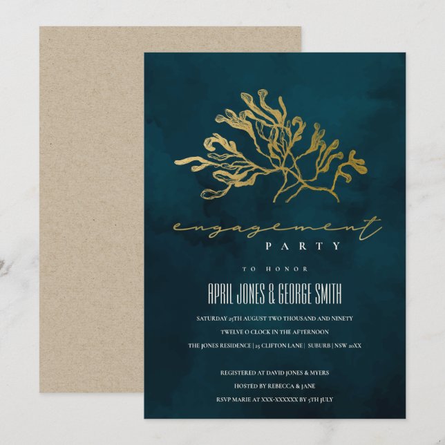 GOLD NAVY UNDERWATER SEAWEED ENGAGEMENT INVITE (Front/Back)
