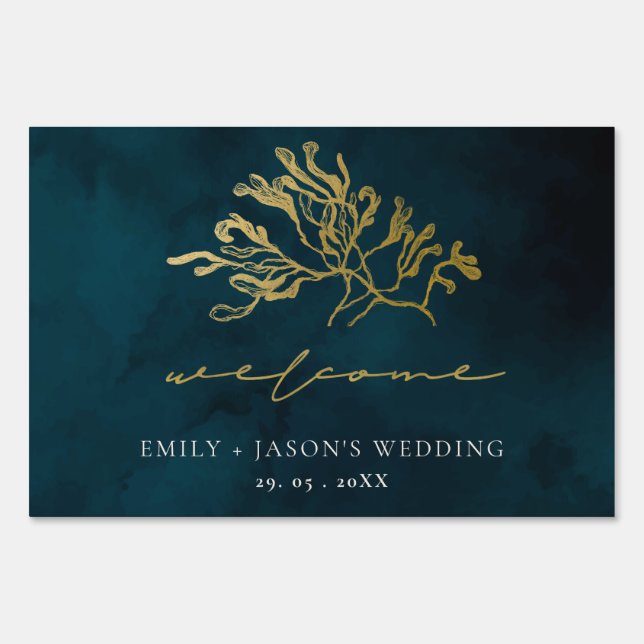 Gold Navy Underwater Seaweed Wedding Welcome Sign (Front)
