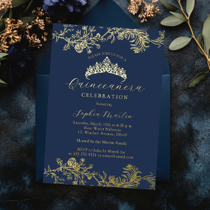 Gold Navy Vintage Elegant Quinceanera  Foil Invitation