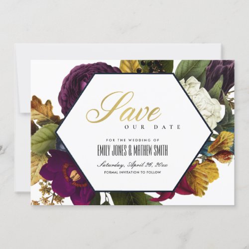 GOLD NAVY VINTAGE RETRO BURGUNDY OCHRE FALL FLORAL SAVE THE DATE