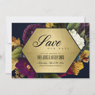 GOLD NAVY VINTAGE RETRO BURGUNDY OCHRE FALL FLORAL SAVE THE DATE