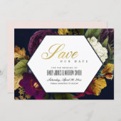 GOLD NAVY VINTAGE RETRO BURGUNDY OCHRE FALL FLORAL SAVE THE DATE (Front/Back)