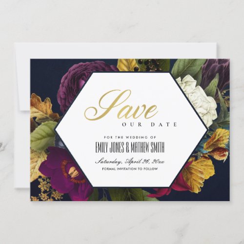 GOLD NAVY VINTAGE RETRO BURGUNDY OCHRE FALL FLORAL SAVE THE DATE