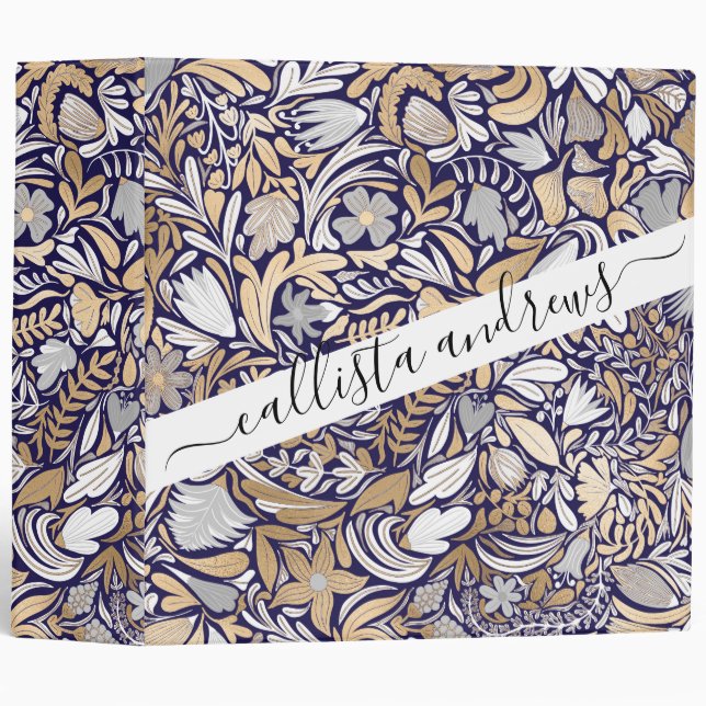 Gold Navy White Floral Leaf Illustration Pattern 3 Ring Binder (Front/Spine)