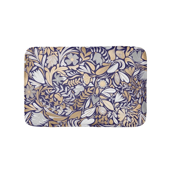Gold Navy White Floral Leaf Illustration Pattern Bath Mat